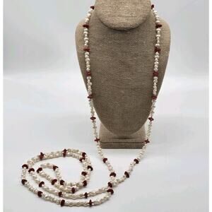 Fashion Faux Dimpled Cream White Pearls and Red Coral Chip Beaded 67" Necklace